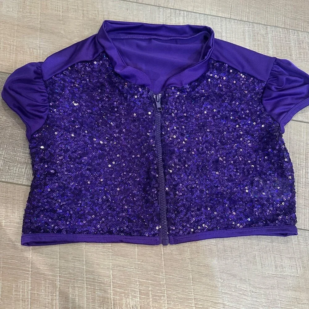 CURTAIN CALL COSTUMES PURPLE CROPPED DANCE COSTUME TOP CXL #E1857 ZIP FRONT